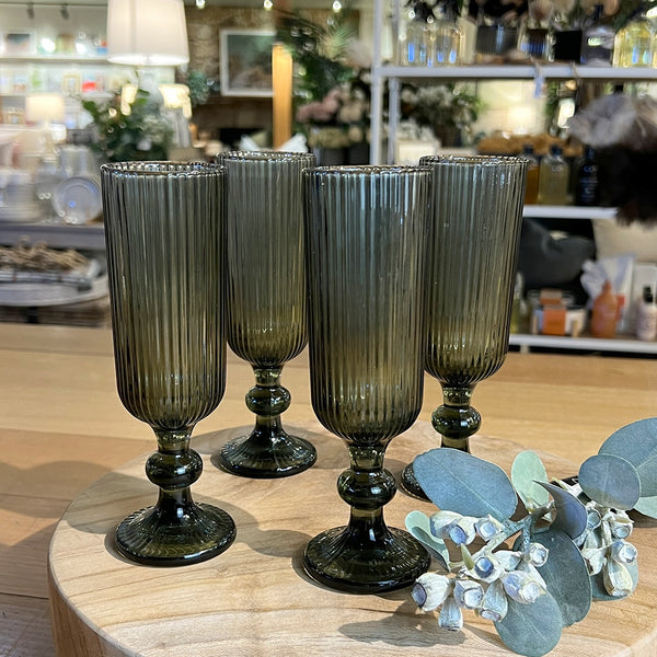 Savoy Ribbed Champagne Flute Set 4 / Grey