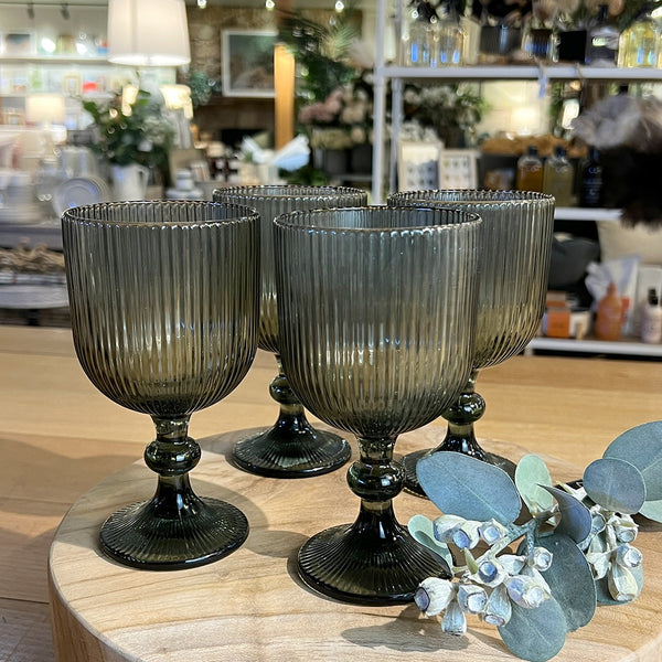 Savoy Ribbed Wine Goblet Set 4 / Grey