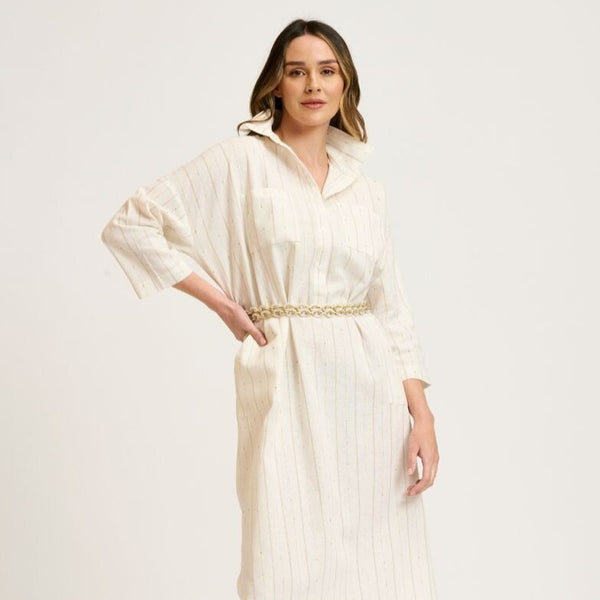 Linen Pocket Popover Shirt Dress / Ivory Lurex