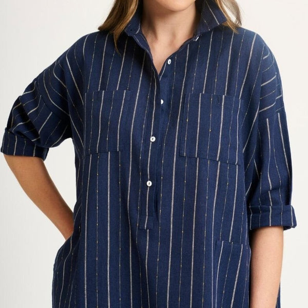 Linen Pocket Popover Shirt Dress / Navy