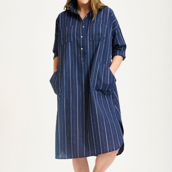 Linen Pocket Popover Shirt Dress / Navy