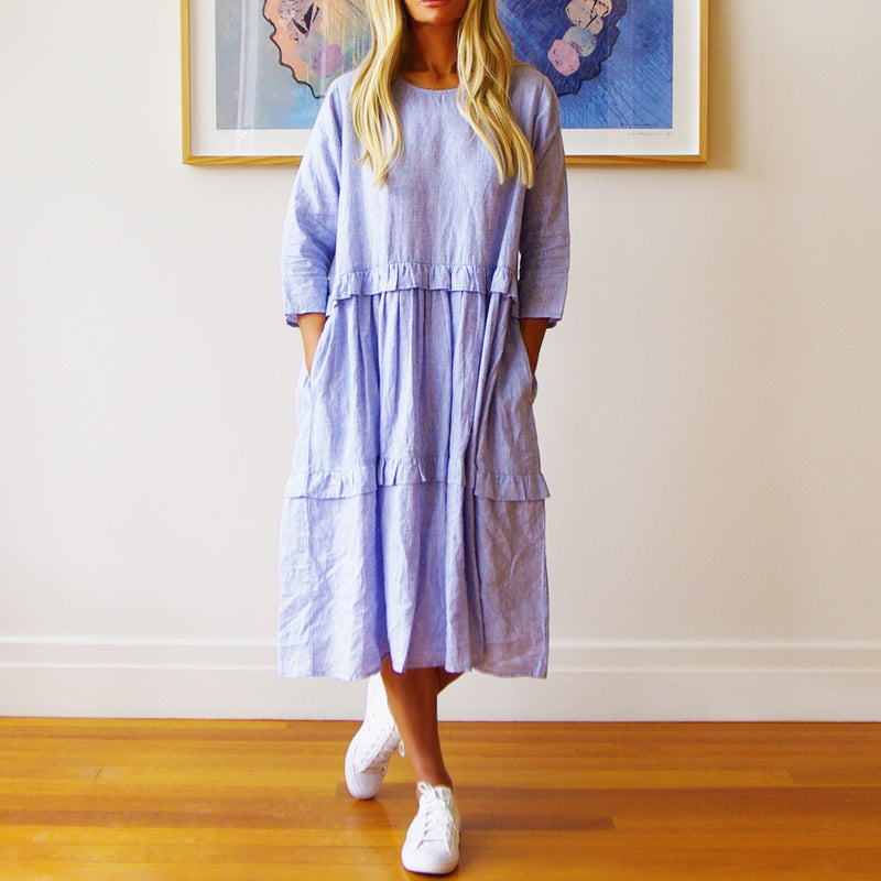 Rosie 3/4 Sleeve Linen Dress / Chambray Blue